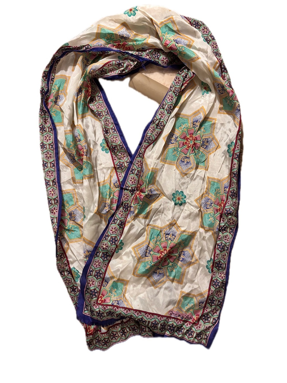 Oscar de la Renta Cream Scarf with Teal and Purple Floral Medallions